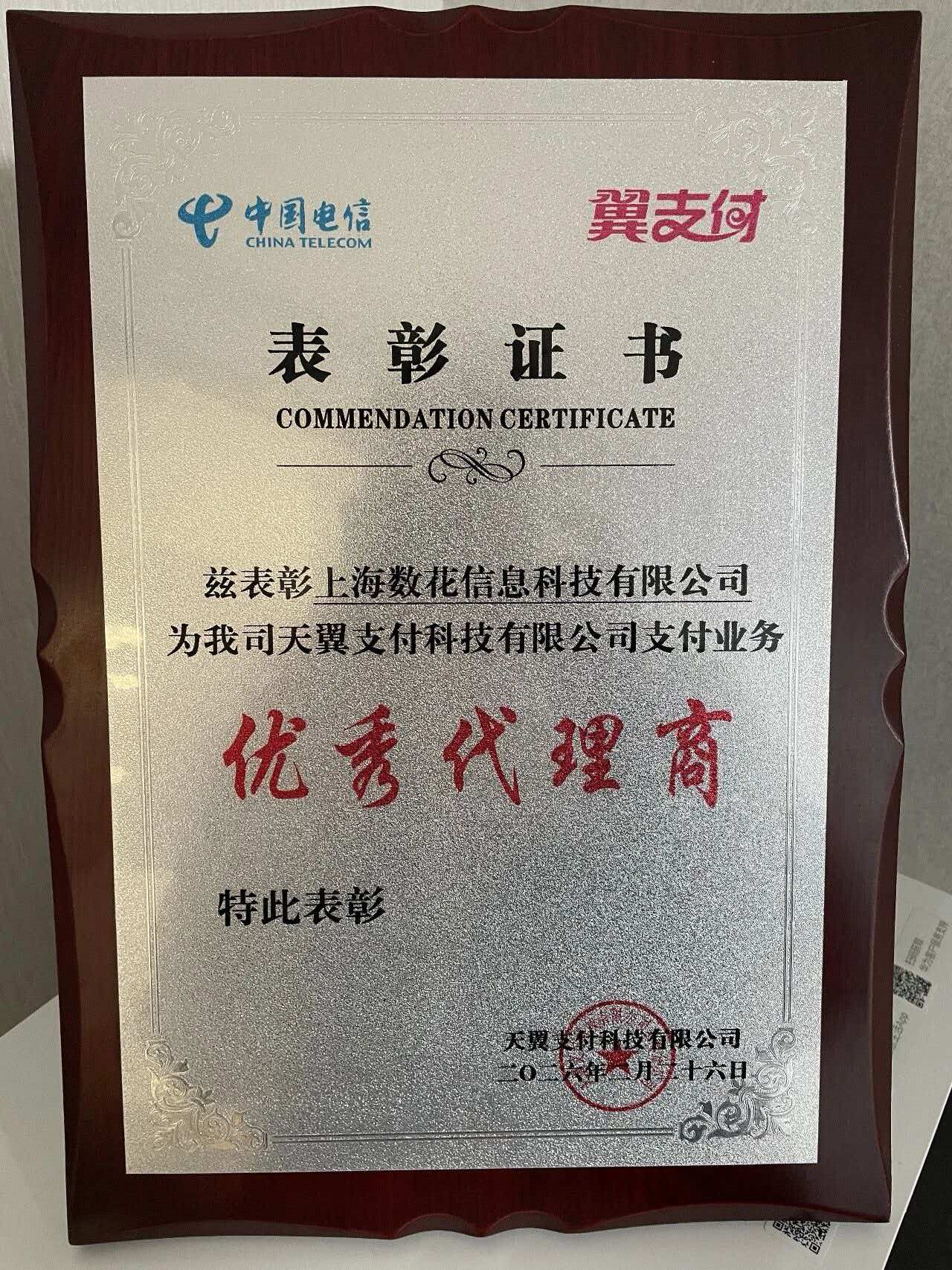 中国电信翼支付优秀代理商表彰证书